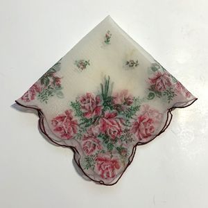 Sheer Floral Handkerchief Rose Bouquet Scallop Cottage Core Granny Vtg READ